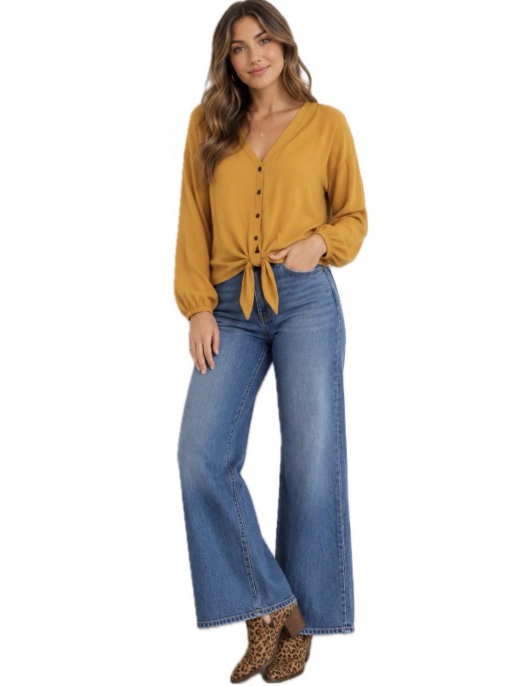 Pink Rose, Mustard Button-Down Women's blouse. size M